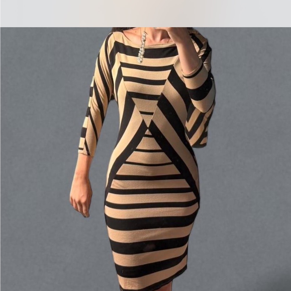 Express Black and Tan Striped Long Sleeve Dress